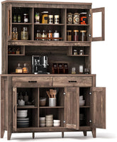 78.5-inch high kitchen cabinet storage unit, large storage cabinet with glass doors, equipped with drawers and adjustable shelves. The wooden kitchen storage unit has a microwave shelf, suitable for a home coffee bar.