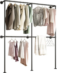Industrial-style wall-mounted pipe clothes hanger, wall-mounted clothes hanger with double hanging rods, for closet storage (gold)