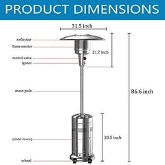 2 Set 48,000-BTU Umbrella Patio Propane Heater with Wheels,Stainless Steel Patio Heater,Stainless Steel Floorstanding Liquid Propane Heater Outdoor