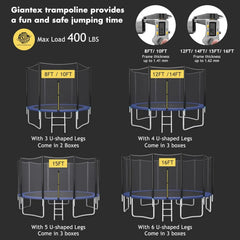 8 feet, 10 feet, 12 feet, 14 feet, 15 feet, 16 feet children's and adult trampolines. Certified by ASTM with netting. Made of thick steel plates, durable, suitable for outdoor large-scale leisure trampolines in various weather conditions, equipped wi