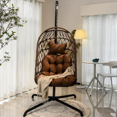 Indoor and outdoor egg-shaped rocking chairs with frames and covers, garden rattan hanging chairs, capacity 450 pounds, with UV-protective cushions, suitable for bedrooms, outdoor balconies, courtyards or living rooms (dark gray)