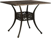 Bronze terrace table, made of cast aluminum, suitable for outdoor use, square design, stable and durable, with dimensions of 35.4 inches × 35.4 inches × 28.7 inches, equipped with umbrella holes, requires assembly.