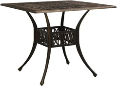 Bronze terrace table, made of cast aluminum, suitable for outdoor use, square design, stable and durable, with dimensions of 35.4 inches × 35.4 inches × 28.7 inches, equipped with umbrella holes, requires assembly.
