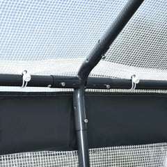 A 20-foot x 10-foot x 9-foot walk-in green house with an outdoor garden greenhouse, equipped with 6 roll-up windows, 2 zipper doors and a rain cover, in white color.