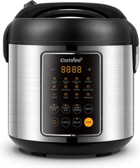 Compact electric rice cooker, 6-in-1 stainless steel multi-functional cooking utensil, slow cooker, steamer, frying pan, heater and warmer, 2-gallon capacity (8 cups cooked, 4 cups uncooked), suitable for brown rice, quinoa and oats, 6 one-button pro