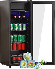 Merax Kühlschrank 128L, Freistehend Getränkekühler mit 120L-Kühlschrank + 8L-Gefrierschrank, mit LED-Innenbeleuchtung und Verstellbare Einlegeböden,