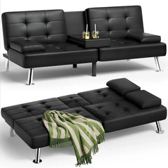Futon Sofa Bed, Leather Futon Couch with Removable Armrests, Adjustable Recliner Sleeper Sofa Bed with Dual Cup Holders for Living Room, Apartment, Office (Black)
