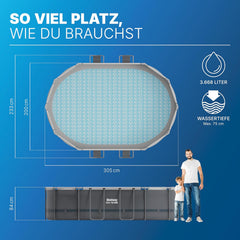 Bestway Power Steel Frame Pool Set mit Filterpumpe 305 x 200 x 84 cm, grau, oval