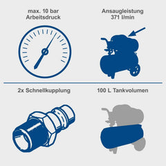 Scheppach Druckluft Kompressor HC120DC ölgeschmiert und langlebig 2200W Leistung 100L Kessel max. 10bar Druck 371L Ansaugleistung mit Fahrvorrichtung,