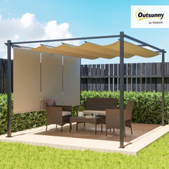 Outsunny Pérgola de Jardín 4x3 m con Techo Retráctil y 3 Laterales Enrollables, Cenador de Jardín Montado en Pared o Independiente, con UPF30+,