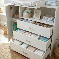 ecomi Cómoda Cambiador para bebé en Madera con Plan de Cambiar, 3 cajones, 1 puerta, Altura 100 cm, Color Blanco, Dimensiones 113x100 cm, tiradores