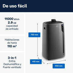 Pingüino PACEL112 Silent Aire Acondicionado Portátil Silencioso con Tecnología Eco Real Feel y Cool Surround, Función Deshumidificadora, 2.9 kW, 63 dB