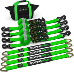 Car Tie Down Straps for Trailers with J Hooks (4-Pack) - 2 Inch x 8 Feet (10,000lb Break Strength) - Heavy Duty T-Handle Car Hauler Tire Straps for Trailer & UTV with Axle Straps - Black