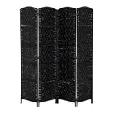 6 Ft Tall Four-Panel Wicker Weave Room Divider, Black Wood Privacy Screen