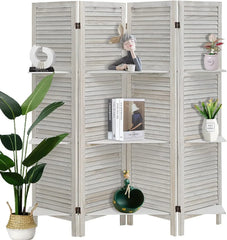 ECOMEX Room Divider 4 Panel, White with Shelves, Wall Dividers and Folding Privacy Screens