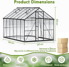 Gewächshaus Aluminium für den Garten, 362x247x205cm Gewächshaus Aluminium mit Fundament, Verstellbare Dachentlüftung, Vielseitig nutzbar als