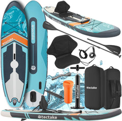 tectake Tabla de Paddle Surf Hinchable, Incluye Remo 2 en 1, Asiento de Kayak, Bomba de Aire, Mochila de Transporte, Stand Up Paddle, Accesorios