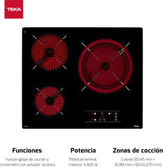 TEKA Placa Vitrocerámica 60 cm, 3 Fuegos, Touch Control, Función Stop & Go, Indicador de Calor Residual, Modelo TB 6315