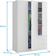 Habitdesign Three Door and Three Drawer Wardrobe Closet, Artic White Finish, Measurements: 121 cm (W) x 180 cm (H) x 52 cm (D)