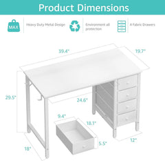 40 Inch Small White Desk with Fabric Drawers, Compact Computer Writing Desk for Home Office, Bedroom and Study