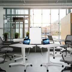 Portable laptop desk cart (3 feet 8 inches) - Mobile rolling desk - Computer projector cart - Adjustable height foldable mobile folding table - White mobile frame with brake wheels