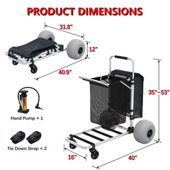 Foldable Beach Cart with Adjustable Handle and 12" Balloon Wheels, Heavy Duty Aluminum 220LBS Capacity