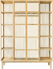 [en.casa] Armario para Ropa con 2 Puertas Deslizantes Clóset con 12 Estantes y 1 Barra de Colgar Perchero de Bambú 185 x 140 x 45 cm Natural