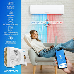 Danyon Klimaanlage Split - 12000 BTU - 3,4 kW, Selbstreinigung, leise, Smart Home, Inverter Klimagerät mit Heizfunktion, Splitgerät vorgefüllt mit R32