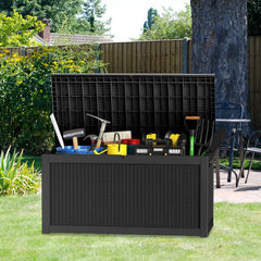 260-gallon large outdoor storage XL outdoor box, suitable for garden furniture, outdoor cushions, garden tools, sports equipment and pool supplies. Made of waterproof resin material, lockable, in gray color scheme.