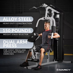 150-Lb. Weight Stack Home Gym with Dual-Function Arm Press and Leg Developer, Black/White