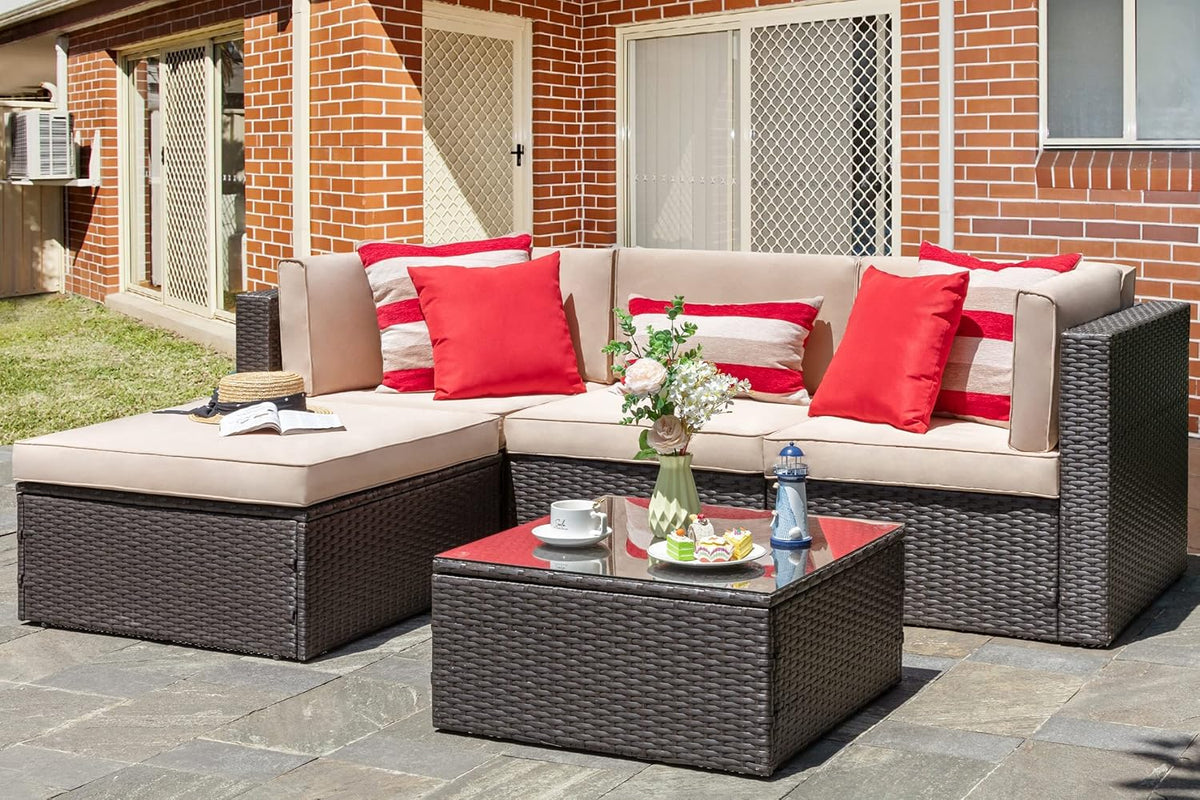 5-Piece All-Weather Patio Furniture Set with Ottoman, Outdoor Wicker Conversation Sofa Set with Cushions for Garden, Deck & Backyard