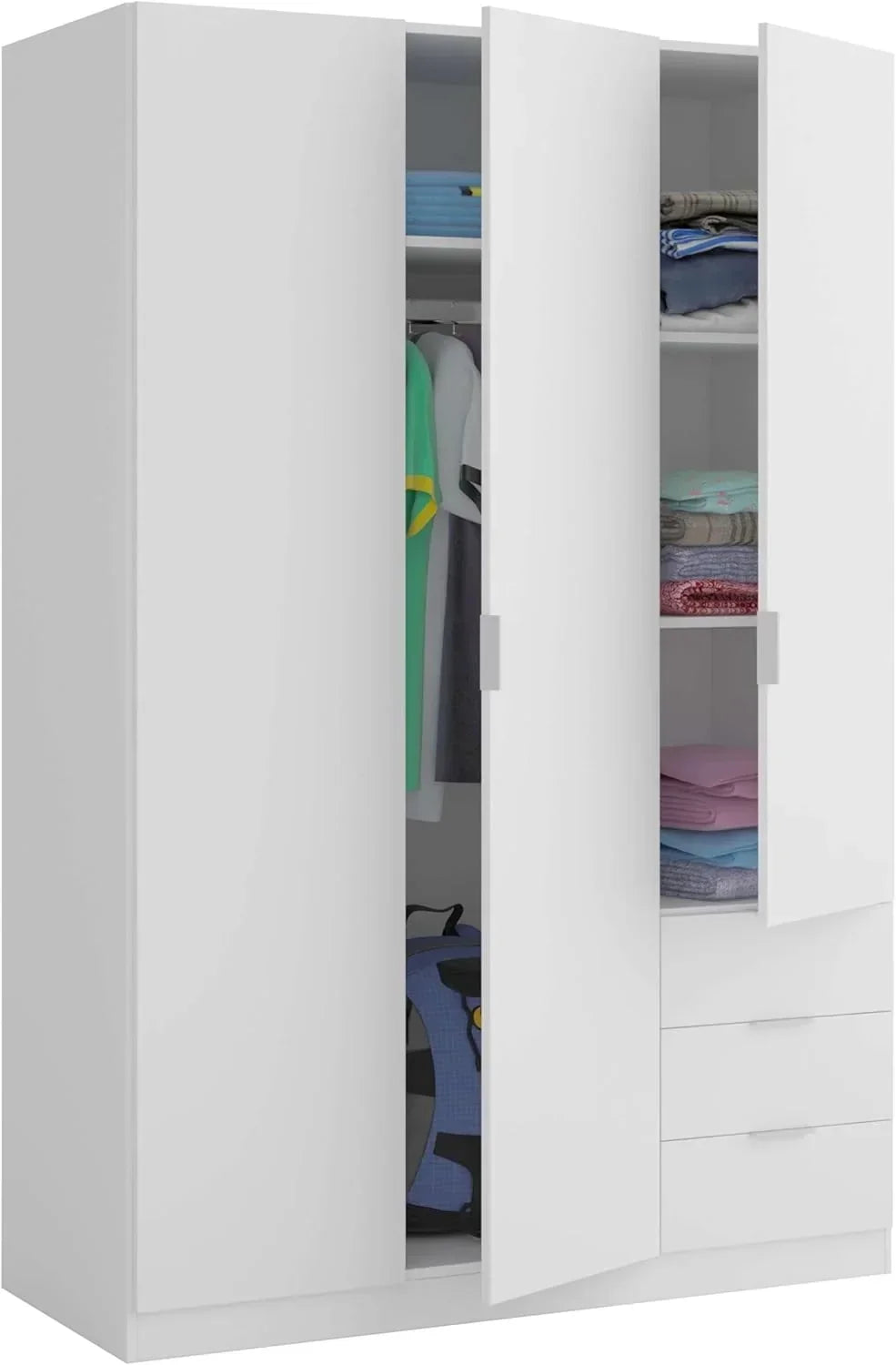 Habitdesign Three Door and Three Drawer Wardrobe Closet, Artic White Finish, Measurements: 121 cm (W) x 180 cm (H) x 52 cm (D)