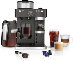 Italian espresso machine and coffee-making system, featuring three espresso brewing modes, supporting single-portion coffee and Nespresso capsules, with a built-in frother, capable of making Italian espresso, cappuccino and latte. Black style.