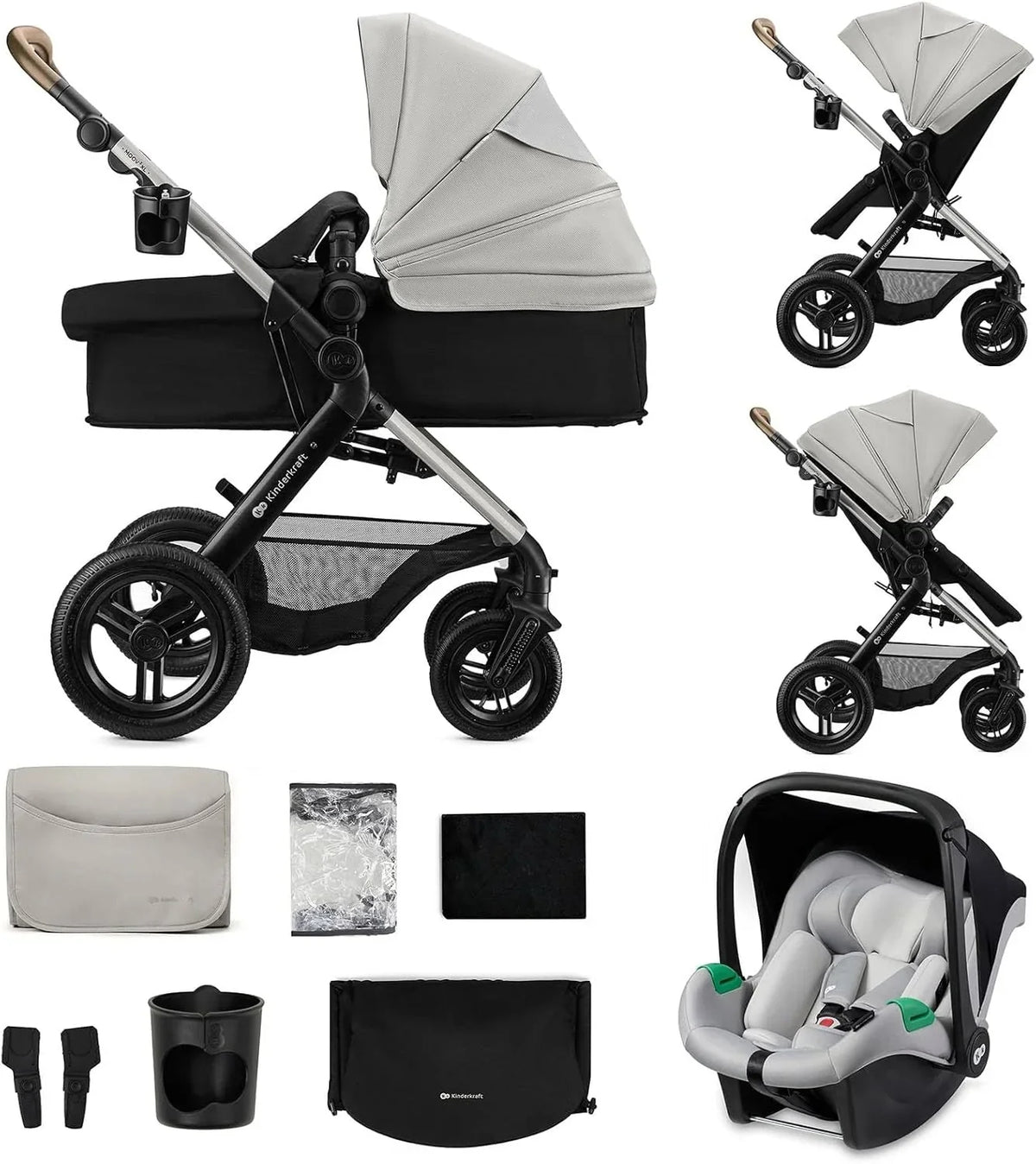 Kinderkraft MOOV XL 3 en 1, Carrito bebé hasta 27 kg, Carro, Con Asiento I-SIZE 40-75 cm, Plegable, Amortiguación, Convertible, Capazo XL, Con