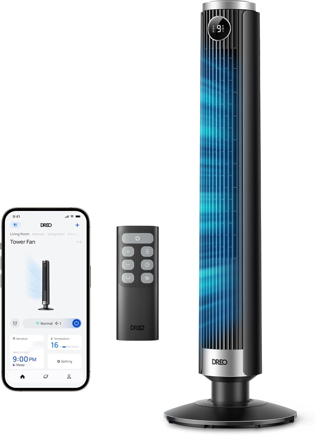 DREO Smart 102–114cm Turmventilator fürs Schlafzimmer, Höhenverstellbar, 8.4m/s, DC-Motor, 9 Stufen, 4 Modi, 90°-Oszillation, Standventilator, 20dB