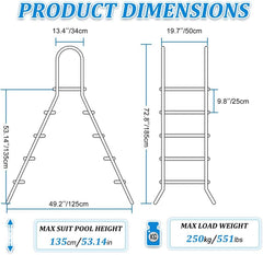4 Stufige Poolleiter Edelstahl, Pooltreppe für Aufstellpool, Poolleiter 132 cm Poolhöhe, Pool Treppe, Poolstufen für Aufstellpools, Schwimmbadleiter