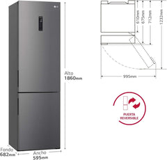 LG GBP61DSXGC - Frigorífico Combi No Frost, Congelador, Compresor Smart Inverter, Color Inox Antihuellas, 186 cm, 341 l