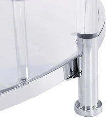 A round coffee table with a metal frame, the surface is made of chrome-plated acrylic glass.