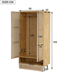 Soweiz Armario con barra, armario de 2 puertas, dormitorio, red de ratán, sala de estar, con tapa inferior abatible, tableros de partículas+ratán de