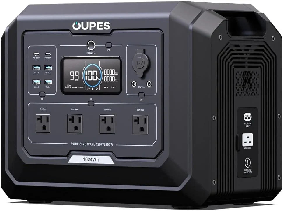 1 Portable Power Station 2000W (4500W Peak), 1024Wh LiFePO4 Battery Generator with 1400W AC Charging & 800W Solar Charging, Expandable to 5120Wh, for Home, Power Outages, Camping & RVs