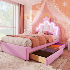 Kinderbett Polsterbett 90x200, Kronenförmiges Prinzessinnenbett, Einzelbett mit LED und 2 Schubladen, Bettgestell für Mädchen, mit Verstellbares