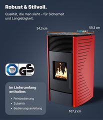 NEMAXX P12 Pelletofen 13,6 kW A+ bis 300 m³ – Auto-Reinigungszyklus, ECO-Modus, Wochenprogramm & mechanische Reinigungsunterstützung – Rot
