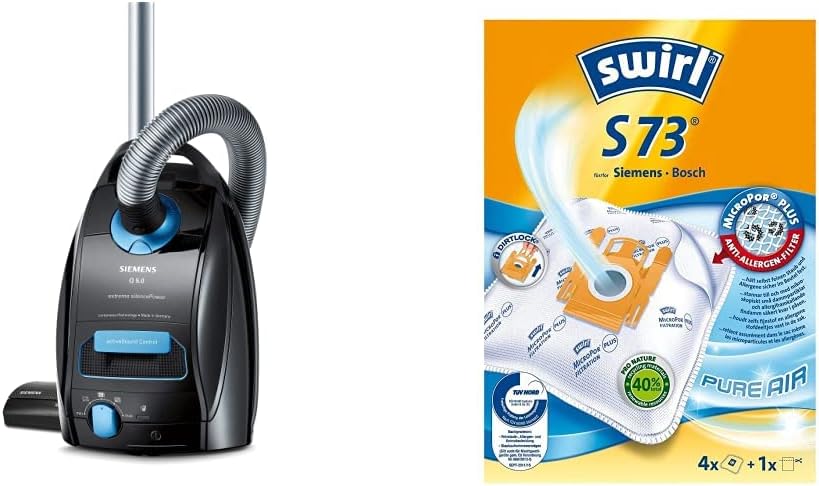 Siemens Staubsauger mit Beutel Q5.0 Extreme silencePower VSQ5X1230, Bodenstaubsauger, 850 W, schwarz & Swirl S 73 MicroPor Plus Staubsaugerbeutel, 4