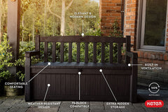 70 Gallon Storage Bench Deck Box for Patio Furniture, Front Porch Decor and Outdoor Seating -- Perfect to Store Garden Tools and Pool Toys, Brown