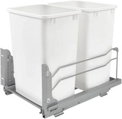 A double pull-out trash can suitable for the bottom of kitchen cabinets, with a capacity of 35 ounces (approximately 0.875 gallons), equipped with a gentle closing sliding mechanism, and in the color of Orison Gray.
