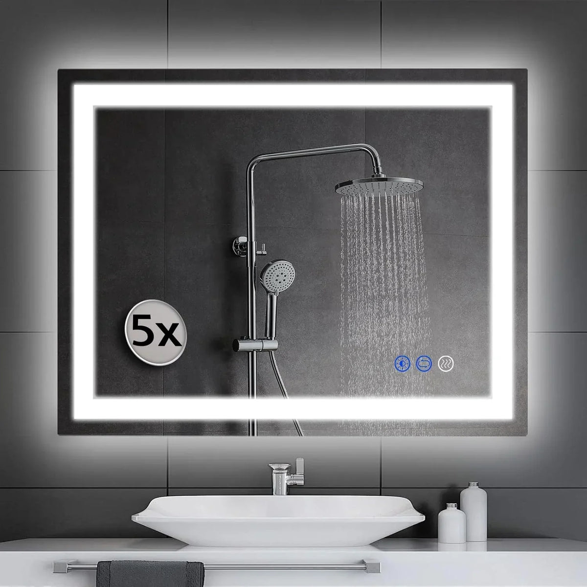 LED wall-mounted makeup mirror with lights - suitable for wall-mounted large makeup tables. Features intelligent touch buttons, anti-fog, water resistance, adjustable dimming, color adjustment, and magnifying glass function.