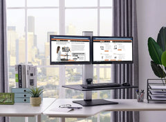 High-position electric triple monitor adjustable desk | Sit-stand dual-purpose work desk for three screens | 28-inch wide work surface | Compatible with any standard desktop | Adjustable monitor stand