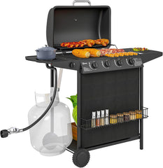 4 1 Burner Propane Gas BBQ Grill, Portable Gas Barbecue Grill with Side Burner, Thermometer, Lid, Side Table, Shelf, Spice Rack, Wheels, Grease Cup for Garden, Black