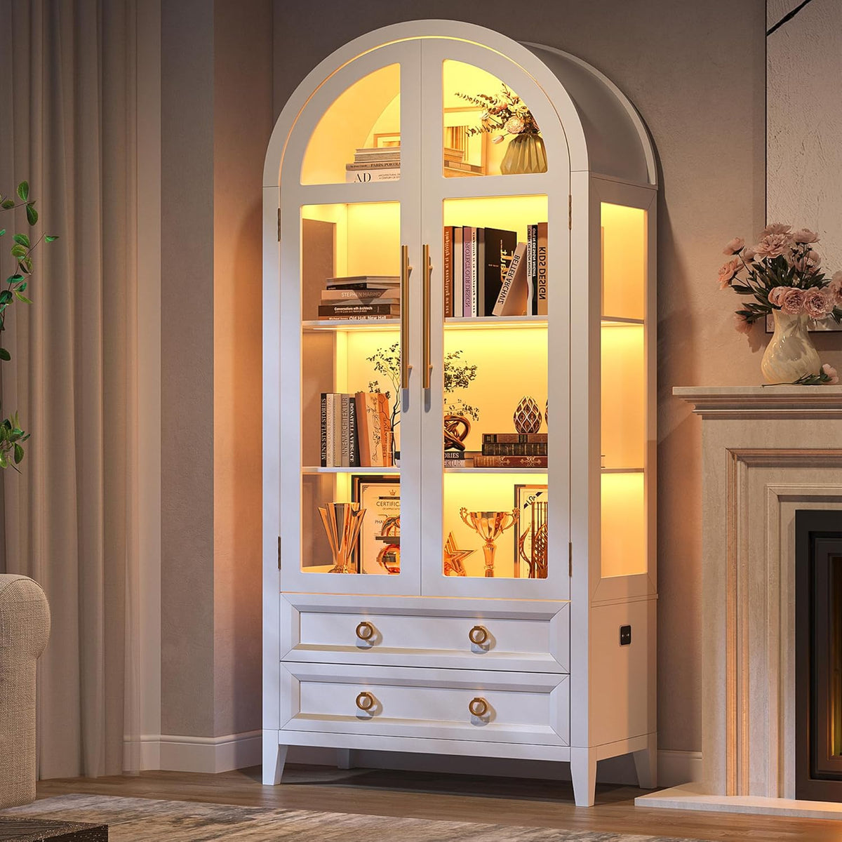 LVSOMT Gewölbte Glasvitrine mit LED Beleuchtung, 180cm Vitrinenschrank mit Glastüren, Bogen Vitrine mit 4 Display Regale und 2 Schubladen, 3 Farbe