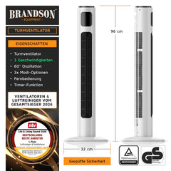 Brandson - Turmventilator mit Fernbedienung 96 cm - Preisträger 2026 - mobiler Lüfter leise - Standventilator mit Oszilation - 3 Geschwindigkeiten 3